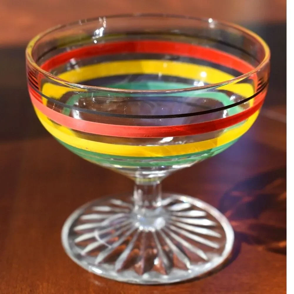 12-Piece Vintage Fiesta Go-Along Glass Set, Red, Yellow, Green, and Black Bands